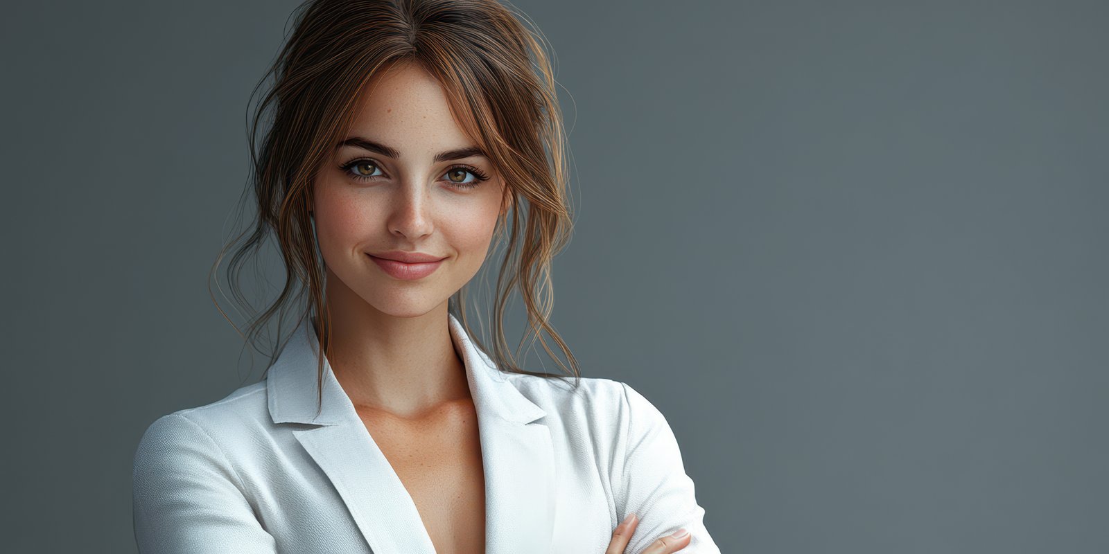 Confident young woman posing in a professional outfit with a subtle smile against a neutral background